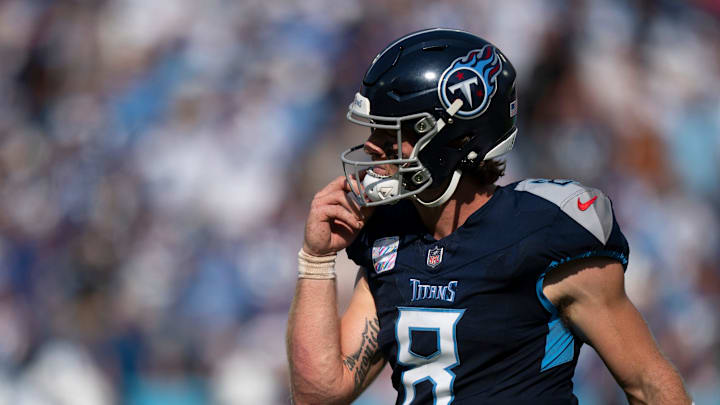 Tennessee Titans quarterback Will Levis (8) heads off the field after throwing a fourth quarter interception against the Indianapolis Colts during their game at Nissan Stadium in Nashville, Tenn., Monday, Oct. 14, 2024.