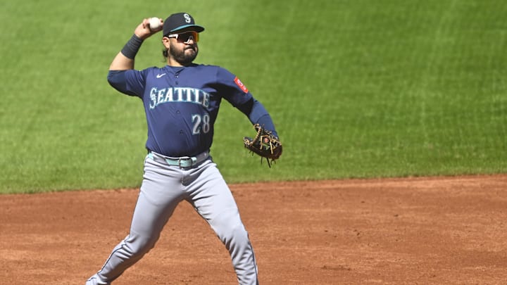 Aug 31, 2025; Cleveland, Ohio, USA; Seattle Mariners third baseman Eugenio Suarez (28) throws to first base in the second inning against the Cleveland Guardians at Progressive Field. Mandatory Credit: David Richard-Imagn Images Aug 31, 2025; Cleveland, Ohio, USA; Seattle Mariners third baseman Eugenio Suarez (28) throws to first base in the second inning against the Cleveland Guardians at Progressive Field. Mandatory Credit: David Richard-Imagn Images
