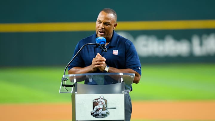 Texas Rangers Hall of Fame player Adrian Beltre gives a speech before the game against the Minnesota Twins at Globe Life Field. 