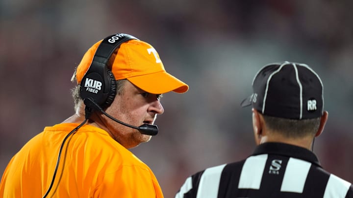 Tennessee coach Josh Heupel talks with an official during a college football game between the University of Oklahoma Sooners (OU) and the Tennessee Volunteers at Gaylord Family - Oklahoma Memorial Stadium in Norman, Okla., Saturday, Sept. 21, 2024. Tennessee coach Josh Heupel talks with an official during a college football game between the University of Oklahoma Sooners (OU) and the Tennessee Volunteers at Gaylord Family - Oklahoma Memorial Stadium in Norman, Okla., Saturday, Sept. 21, 2024.
