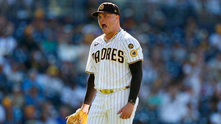 Aug 12, 2026; San Diego, California, USA; San Diego Padres relief pitcher Adrian Morejon (50) celebrates during the eleventh inning against the Milwaukee Brewers at Petco Park. Mandatory Credit: David Frerker-Imagn Images