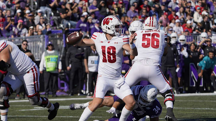 Oct 19, 2024; Evanston, Illinois, USA; Wisconsin Badgers quarterback Braedyn Locke (18) passes against the Northwestern Wildcats during the first half at Lanny and Sharon Martin Stadium. Mandatory Credit: David Banks-Imagn Images