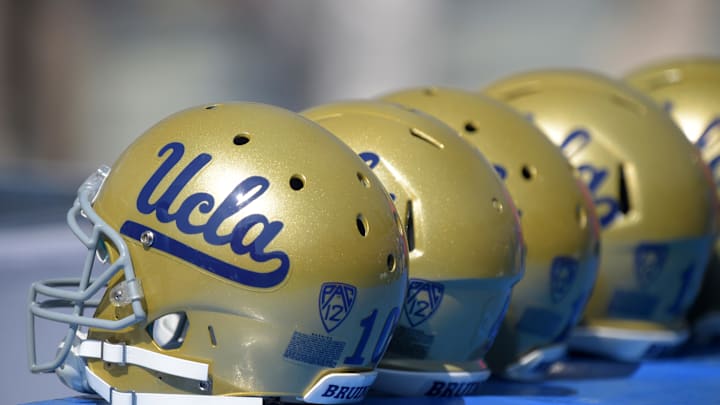 Oct 11, 2014; Pasadena, CA, USA; UCLA Bruins helmets during the game against the Oregon Ducks at Rose Bowl. Mandatory Credit: Kirby Lee-Imagn Images