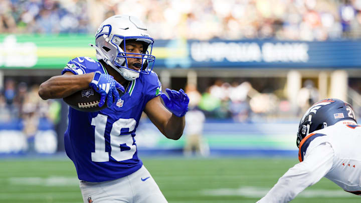 Sep 8, 2024; Seattle, Washington, USA; Seattle Seahawks wide receiver Tyler Lockett (16) runs for yards after the catch against the Denver Broncos during the third quarter at Lumen Field. Mandatory Credit: Joe Nicholson-Imagn Images Sep 8, 2024; Seattle, Washington, USA; Seattle Seahawks wide receiver Tyler Lockett (16) runs for yards after the catch against the Denver Broncos during the third quarter at Lumen Field. Mandatory Credit: Joe Nicholson-Imagn Images