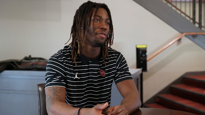 Oklahoma defensive back Makari Vickers speaks to media during a press conference in Norman, Okla., Thursday, Feb. 16, 2023.