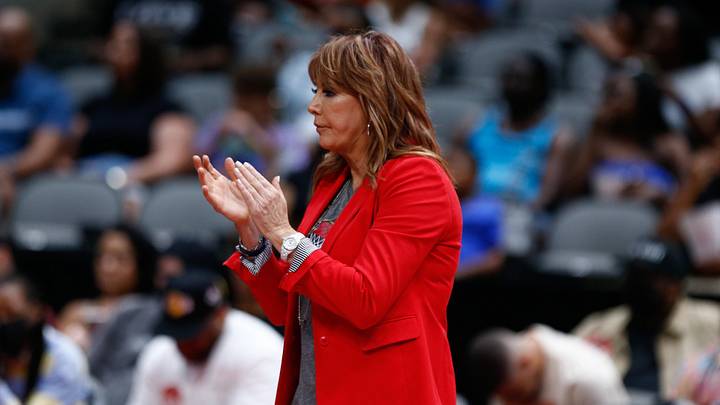 Jul 31, 2021; Dallas, Texas, USA; Power head coach Nancy Lieberman claps as she watches the game against Killer 3 during week four of the Big3 3-on-3 basketball league at American Airlines Center. Mandatory Credit: Aric Becker-Imagn Images