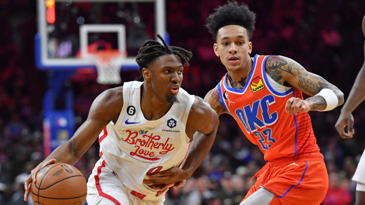 Jan 12, 2023; Philadelphia, Pennsylvania, USA; Philadelphia 76ers guard Tyrese Maxey (0) drives to
