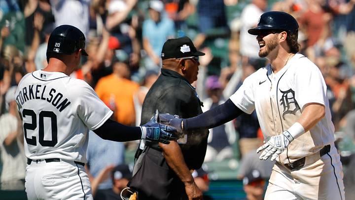 Detroit Tigers first baseman Spencer Torkelson and second baseman Zach McKinstry congratulate each other after scoring. Detroit Tigers first baseman Spencer Torkelson and second baseman Zach McKinstry congratulate each other after scoring.