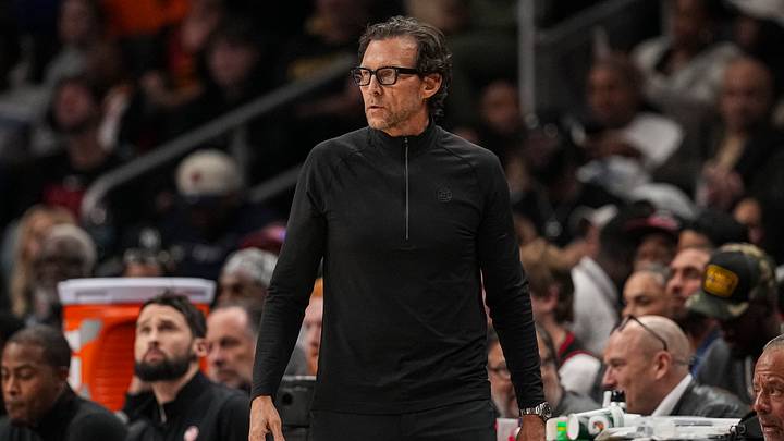 Apr 6, 2026; Atlanta, Georgia, USA; Atlanta Hawks head coach Quin Snyder reacts on the sideline during the game against the New York Knicks at State Farm Arena. Mandatory Credit: Dale Zanine-Imagn Images