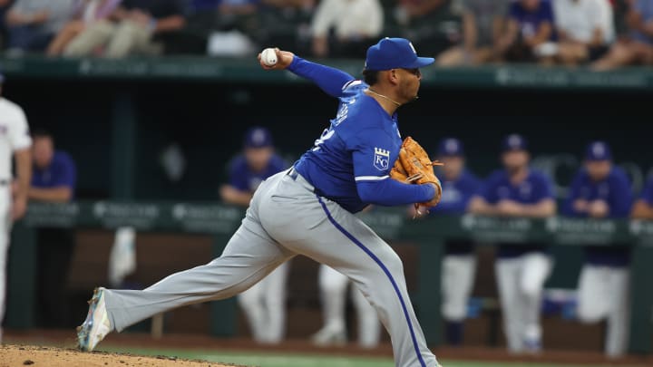 Jun 22, 2024; Arlington, Texas, USA; Kansas City Royals pitcher Angel Zerpa (61) throws a pitch in the eighth inning against the Texas Rangers at Globe Life Field. 
