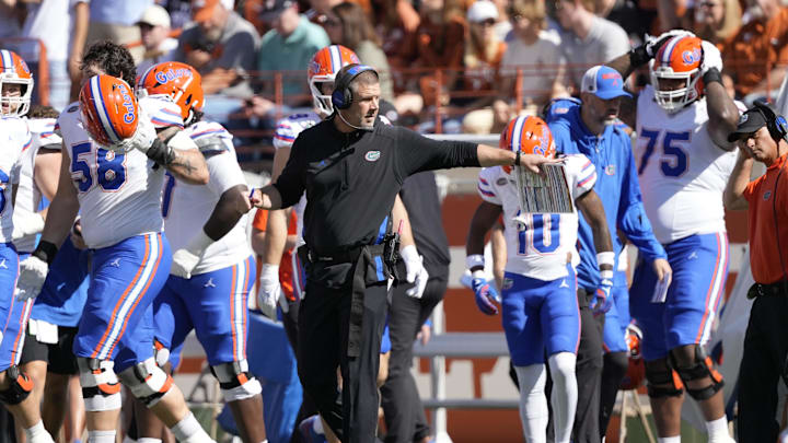 Nov 9, 2024; Austin, Texas, USA; Florida Gators head coach Billy Napier during the first half against the Texas Longhorns at Darrell K Royal-Texas Memorial Stadium. Mandatory Credit: Scott Wachter-Imagn Images