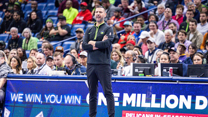 Nov 14, 2023; New Orleans, Louisiana, USA; New Orleans Pelicans acting head coach James Borrego looks on against the Dallas Mavericks during the first half at the Smoothie King Center. Mandatory Credit: Stephen Lew-Imagn Images