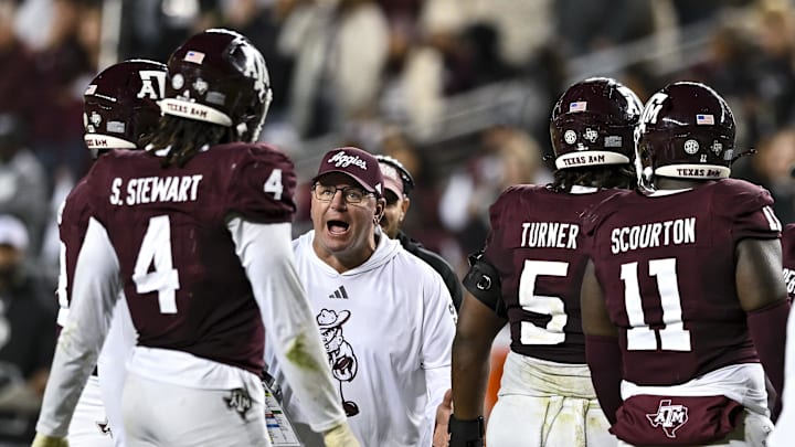 Nov 30, 2024; College Station, Texas, USA; Texas A&M Aggies head coach Mike Elko reacts during the second half against the Texas Longhorns. The Longhorns defeated the Aggies 17-7. at Kyle Field. Mandatory Credit: Maria Lysaker-Imagn Images 
