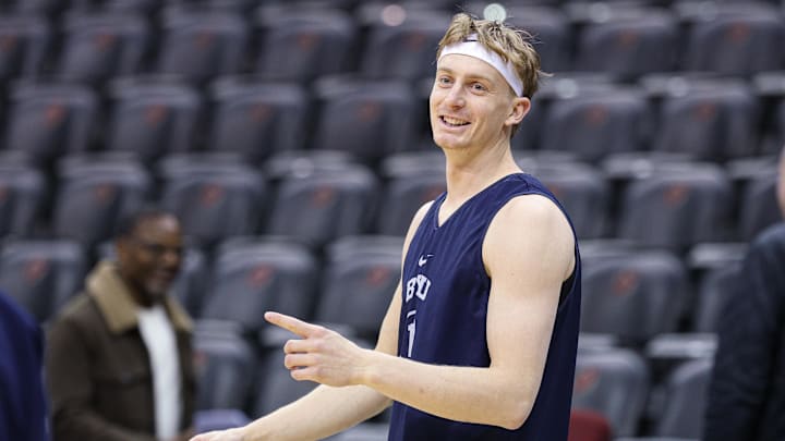 Mar 26, 2025; Newark, NJ, USA; Brigham Young Cougars forward Richie Saunders (15) warms up during a practice session in preparation for an East Regional semifinal game against the Alabama Crimson Tide at Prudential Center. Mandatory Credit: Vincent Carchietta-Imagn Images
