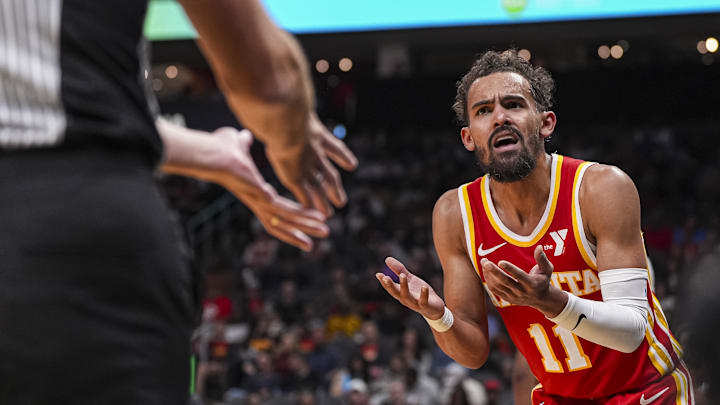 Oct 28, 2024; Atlanta, Georgia, USA; Atlanta Hawks guard Trae Young (11) reacts to a call during the game against the Washington Wizards during the second half at State Farm Arena. Mandatory Credit: Dale Zanine-Imagn Images Oct 28, 2024; Atlanta, Georgia, USA; Atlanta Hawks guard Trae Young (11) reacts to a call during the game against the Washington Wizards during the second half at State Farm Arena. Mandatory Credit: Dale Zanine-Imagn Images