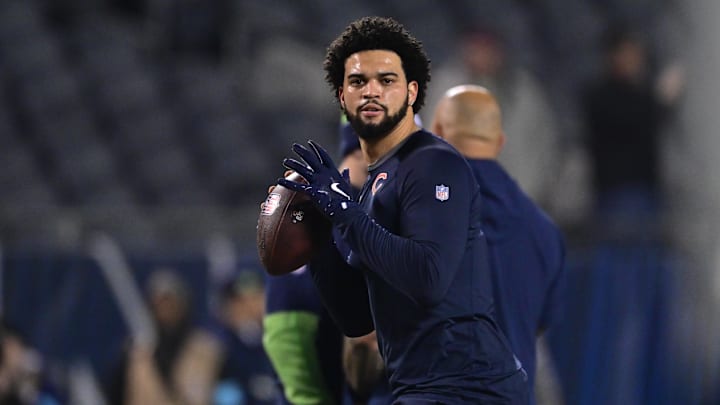 Dec 26, 2024; Chicago, Illinois, USA; Chicago Bears quarterback Caleb Williams (18) warms up before the game against the Seattle Seahawks at Soldier Field. Dec 26, 2024; Chicago, Illinois, USA; Chicago Bears quarterback Caleb Williams (18) warms up before the game against the Seattle Seahawks at Soldier Field.