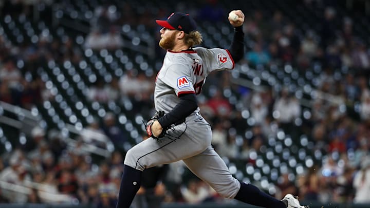 Sep 20, 2025; Minneapolis, Minnesota, USA; Cleveland Guardians pitcher Zak Kent (61) delivers a pitcher against the Minnesota Twins during the ninth inning of game two of a double header at Target Field. Mandatory Credit: Matt Krohn-Imagn Images
