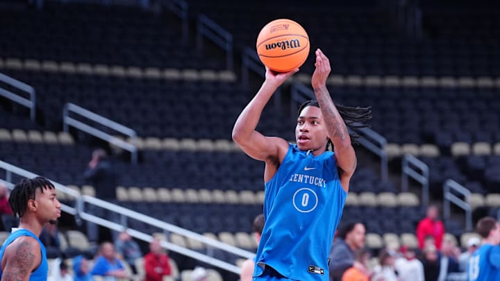 Mar 20, 2024; Pittsburgh, PA, USA; Kentucky Wildcats guard Rob Dillingham (0) shoots the ball. Mar 20, 2024; Pittsburgh, PA, USA; Kentucky Wildcats guard Rob Dillingham (0) shoots the ball.