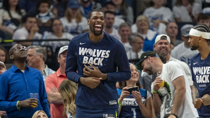 Minnesota Timberwolves center Naz Reid reacts to a made shot during the first half against the Golden State Warriors.