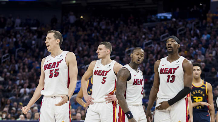 The Heat are grappling with the shocking arrest of Terry Rozier (second from right).