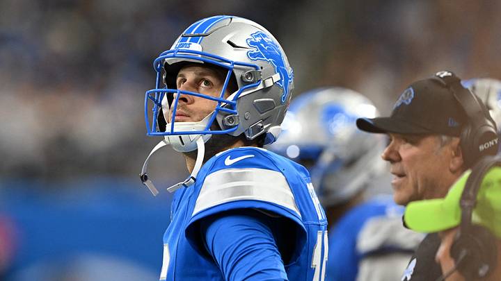 Sep 13, 2026; Detroit, Michigan, USA;  Detroit Lions quarterback Jared Goff (16) looks on from the sidelines against the New Orleans Saints during the second half at Ford Field.  Mandatory Credit: Lon Horwedel-Imagn Images