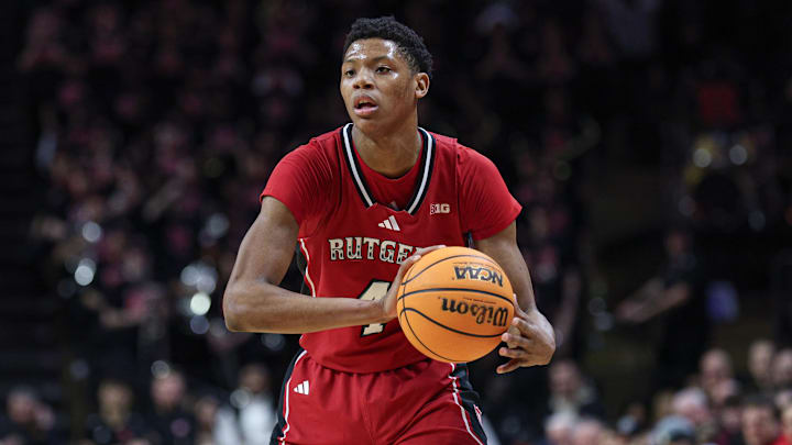 Feb 5, 2025; Piscataway, New Jersey, USA; Rutgers Scarlet Knights guard Ace Bailey (4) looks to pass during the second half against the Illinois Fighting Illini at Jersey Mike's Arena. Mandatory Credit: Vincent Carchietta-Imagn Images