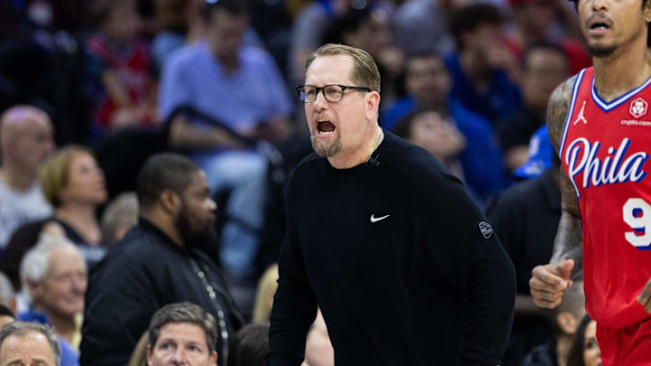 Apr 28, 2024; Philadelphia, Pennsylvania, USA; Philadelphia 76ers head coach Nick Nurse reacts to a play against the New York Knicks during the first half of game four of the first round in the 2024 NBA playoffs at Wells Fargo Center. Mandatory Credit: Bill Streicher-USA TODAY Sports
