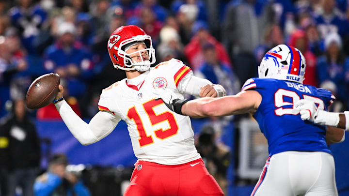 Nov 2, 2025; Orchard Park, New York, USA; Kansas City Chiefs quarterback Patrick Mahomes (15) throws the ball in the second half against the Buffalo Bills at Highmark Stadium. Mandatory Credit: Mark Konezny-Imagn Images