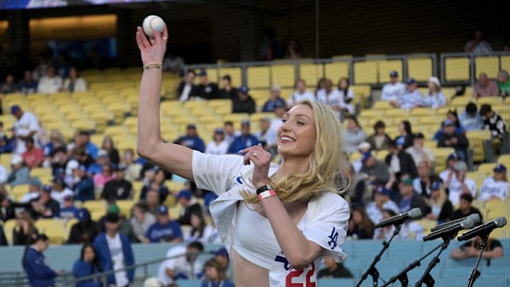 May 20, 2024; Los Angeles, California, USA; Los Angeles Sparks Cameron Brink (22) warms up to throw out the first pitch prior to the game between the Los Angeles Dodgers and the Arizona Diamondbacks at Dodger Stadium. Mandatory Credit: Jayne Kamin-Oncea-Imagn Images
