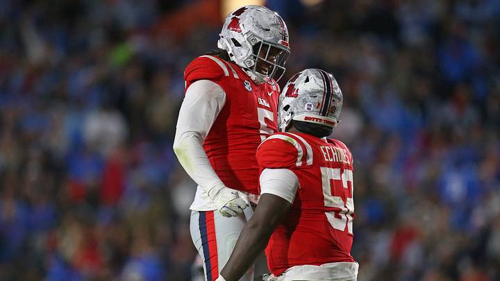 Nov 1, 2025; Oxford, Mississippi, USA; Mississippi Rebels defensive linemen Kam Franklin (5) and Will Echoles (52) react after a defensive stop during the fourth quarter against the South Carolina Gamecocks at Vaught-Hemingway Stadium. Mandatory Credit: Petre Thomas-Imagn Images Nov 1, 2025; Oxford, Mississippi, USA; Mississippi Rebels defensive linemen Kam Franklin (5) and Will Echoles (52) react after a defensive stop during the fourth quarter against the South Carolina Gamecocks at Vaught-Hemingway Stadium. Mandatory Credit: Petre Thomas-Imagn Images