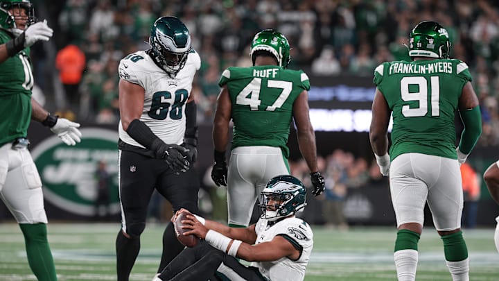 Oct 15, 2023; East Rutherford, New Jersey, USA; Philadelphia Eagles quarterback Jalen Hurts (1)