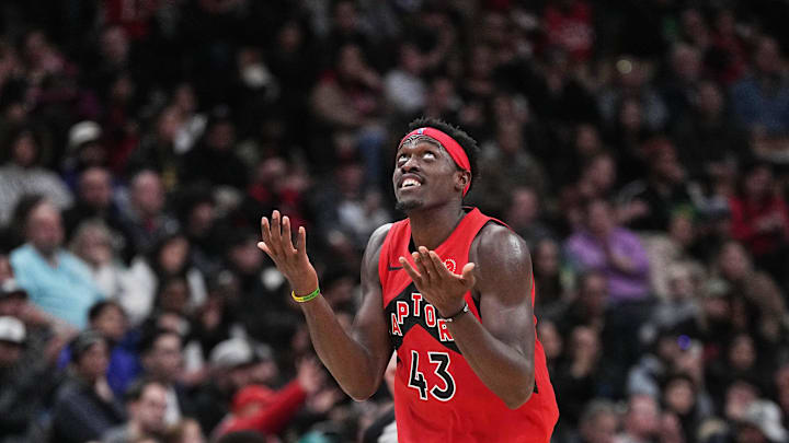 Nov 19, 2023; Toronto, Ontario, CAN; Toronto Raptors forward Pascal Siakam (43) reacts after scoring