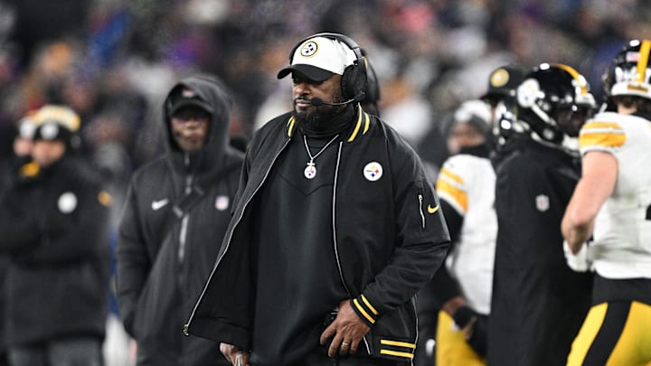 Jan 11, 2025; Baltimore, Maryland, USA; Pittsburgh Steelers head coach Mike Tomlin looks in the third quarter against the Baltimore Ravens in an AFC wild card game at M&T Bank Stadium. Mandatory Credit: Tommy Gilligan-Imagn Images