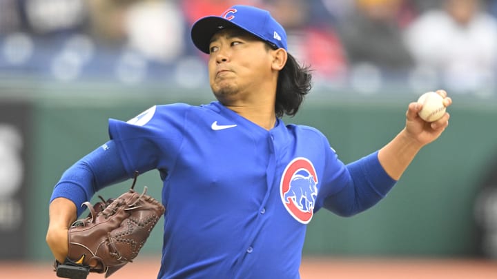 Chicago Cubs starting pitcher Shota Imanaga (18) delivers a pitch in the second inning against the Cleveland Guardians at Progressive Field.s