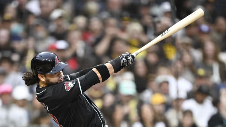 Arizona Diamondbacks third baseman Eugenio Suarez (28) hits an RBI single during the fifth inning against the San Diego Padres at Petco Park on June 8.