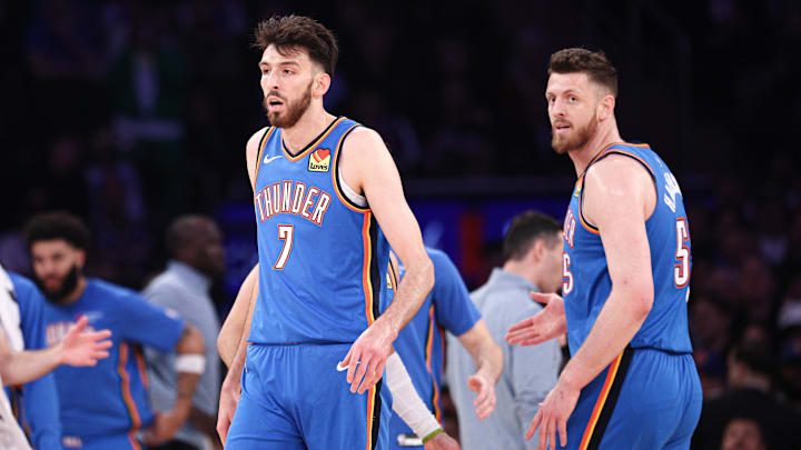 Mar 4, 2026; New York, New York, USA; Oklahoma City Thunder center Chet Holmgren (7) and center Isaiah Hartenstein (55) react after a basket during the first half against the New York Knicks at Madison Square Garden. Mandatory Credit: Vincent Carchietta-Imagn Images