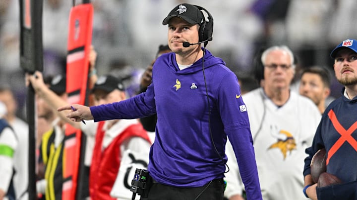 Dec 24, 2023; Minneapolis, Minnesota, USA; Minnesota Vikings head coach Kevin O'Connell reacts during the game against the Detroit Lions at U.S. Bank Stadium. Dec 24, 2023; Minneapolis, Minnesota, USA; Minnesota Vikings head coach Kevin O'Connell reacts during the game against the Detroit Lions at U.S. Bank Stadium.