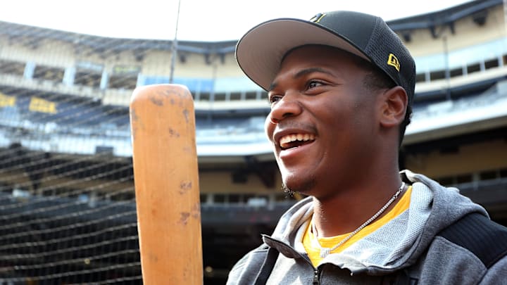Pittsburgh Pirates' No. 4 overall pick in the 2022 MLB Draft Termarr Johnson on the field before the Pirates host the Philadelphia Phillies at PNC Park. 
