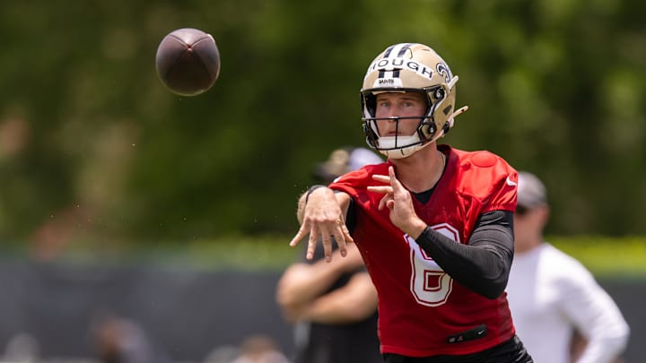 Jun 10, 2025; New Orleans, LA, USA;  New Orleans Saints quarterback Tyler Shough (6) on passing drills during minicamp at Ochsner Sports Performance Center. Mandatory Credit: Stephen Lew-Imagn Images