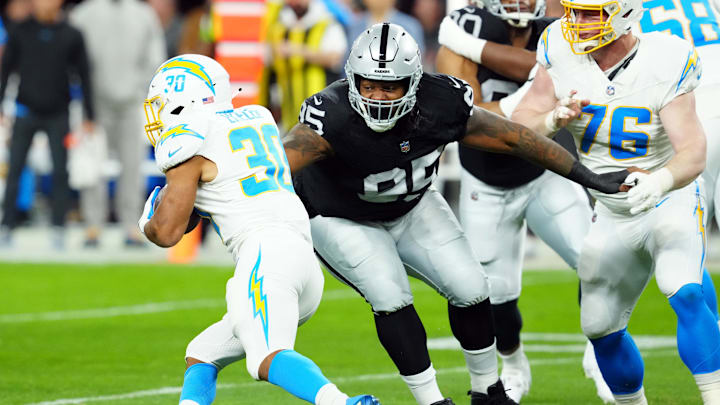 Dec 14, 2023; Paradise, Nevada, USA; Los Angeles Chargers running back Austin Ekeler (30) runs