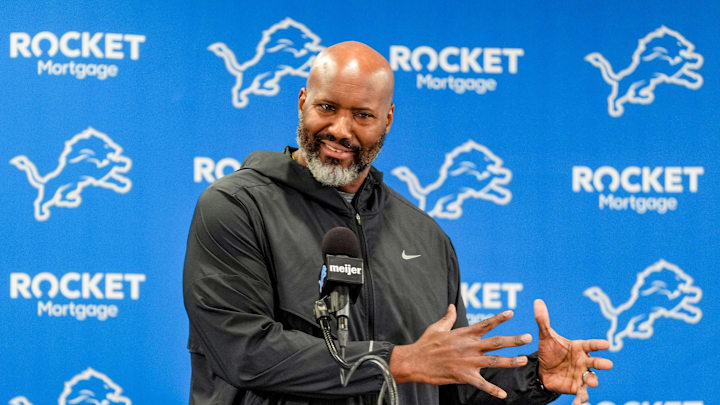 Detroit Lions Executive Vice President & General Manager Brad Holmes speaks to the press about their season, how it ended and what’s next at the Detroit Lions headquarters and training facility in Allen Park, Mich., Thursday, Jan. 23, 2025.
