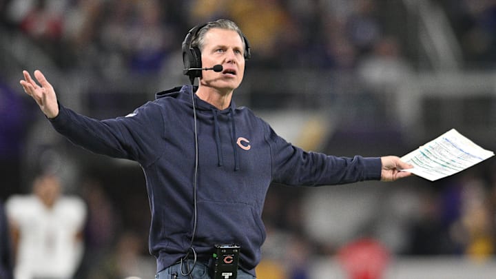 Nov 27, 2023; Minneapolis, Minnesota, USA; Chicago Bears head coach Matt Eberflus reacts during the