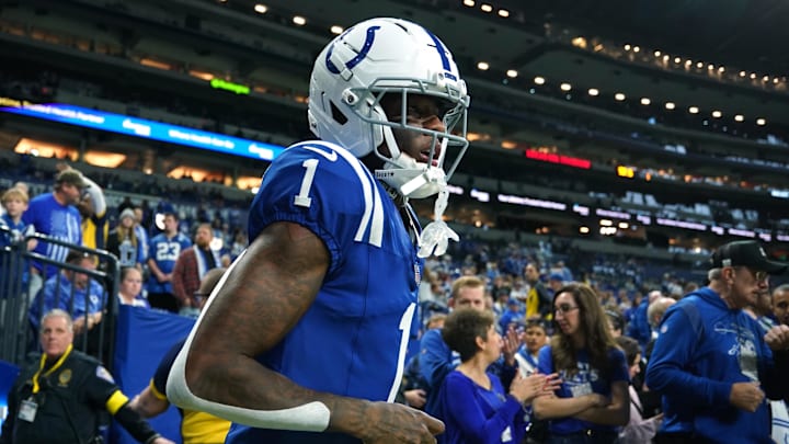 Dec 28, 2025; Indianapolis, Indiana, USA; Indianapolis Colts cornerback Sauce Gardner (1) before a game against the Jacksonville Jaguars at Lucas Oil Stadium. 