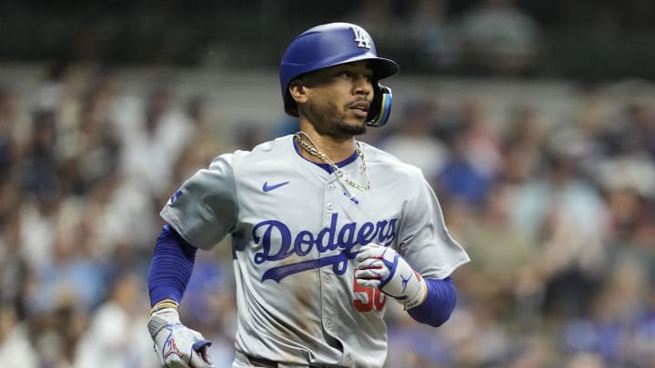 Aug 13, 2024; Milwaukee, Wisconsin, USA;  Los Angeles Dodgers right fielder Mookie Betts (50) during the game against the Milwaukee Brewers at American Family Field. Mandatory Credit: Jeff Hanisch-USA TODAY Sports