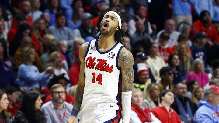 Jan 11, 2025; Oxford, Mississippi, USA; Mississippi Rebels guard Dre Davis (14) reacts during the second half against the LSU Tigers at The Sandy and John Black Pavilion at Ole Miss. Mandatory Credit: Petre Thomas-Imagn Images