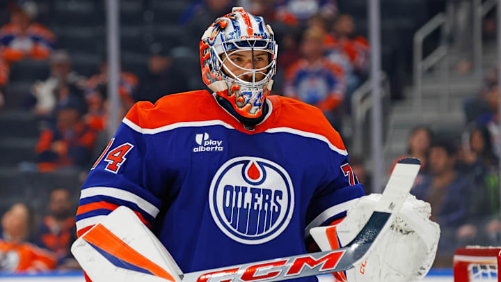 Sep 24, 2025; Edmonton, Alberta, CAN; Edmonton Oilers goaltender Stuart Skinner (74) skates between whistles in a game against the Seattle Kraken at Rogers Place. Mandatory Credit: Perry Nelson-Imagn Images
