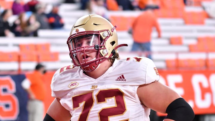 Oct 30, 2021; Syracuse, New York, USA; Boston College Eagles offensive lineman Alec Lindstrom (72) warms up prior to a game against the Syracuse Orange at the Carrier Dome. Mandatory Credit: Mark Konezny-Imagn Images