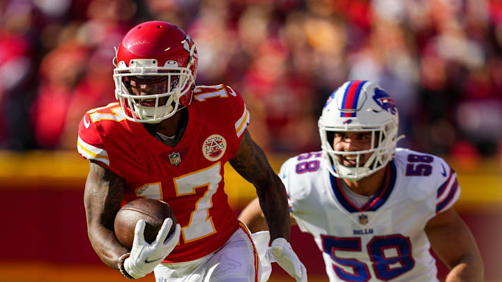 Oct 16, 2022; Kansas City, Missouri, USA; Kansas City Chiefs wide receiver Mecole Hardman (17) runs