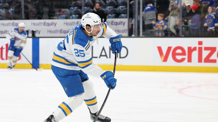Apr 16, 2026; Salt Lake City, Utah, USA; St. Louis Blues right wing Jordan Kyrou (25) warms up before a game against the Utah Mammoth at Delta Center. Mandatory Credit: Rob Gray-Imagn Images