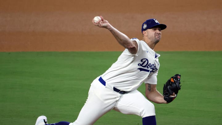 Oct 25, 2024; Los Angeles, California, USA; Los Angeles Dodgers pitcher Jack Flaherty (0) pitches in the fifth inning against the New York Yankees during game one of the 2024 MLB World Series at Dodger Stadium. Mandatory Credit: Kiyoshi Mio-Imagn Images